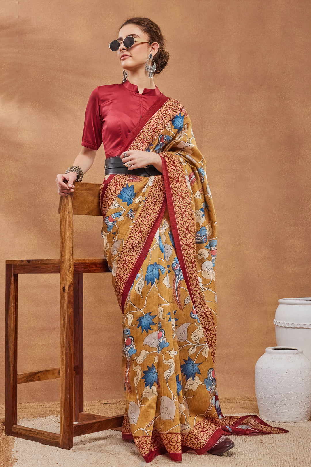 Excellent Art Silk Fabric Mustard Color Saree With Floral Printed Work | Buy Online India