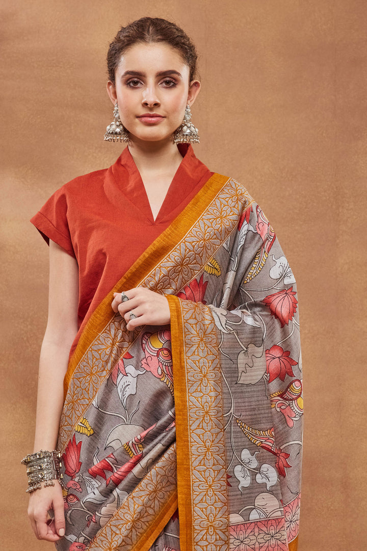 Grey Color Floral Printed Work On Art Silk Fabric Beatific Saree | Buy Online India