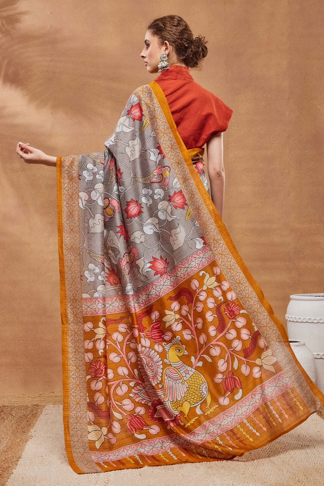 Grey Color Floral Printed Work On Art Silk Fabric Beatific Saree | Buy Online India