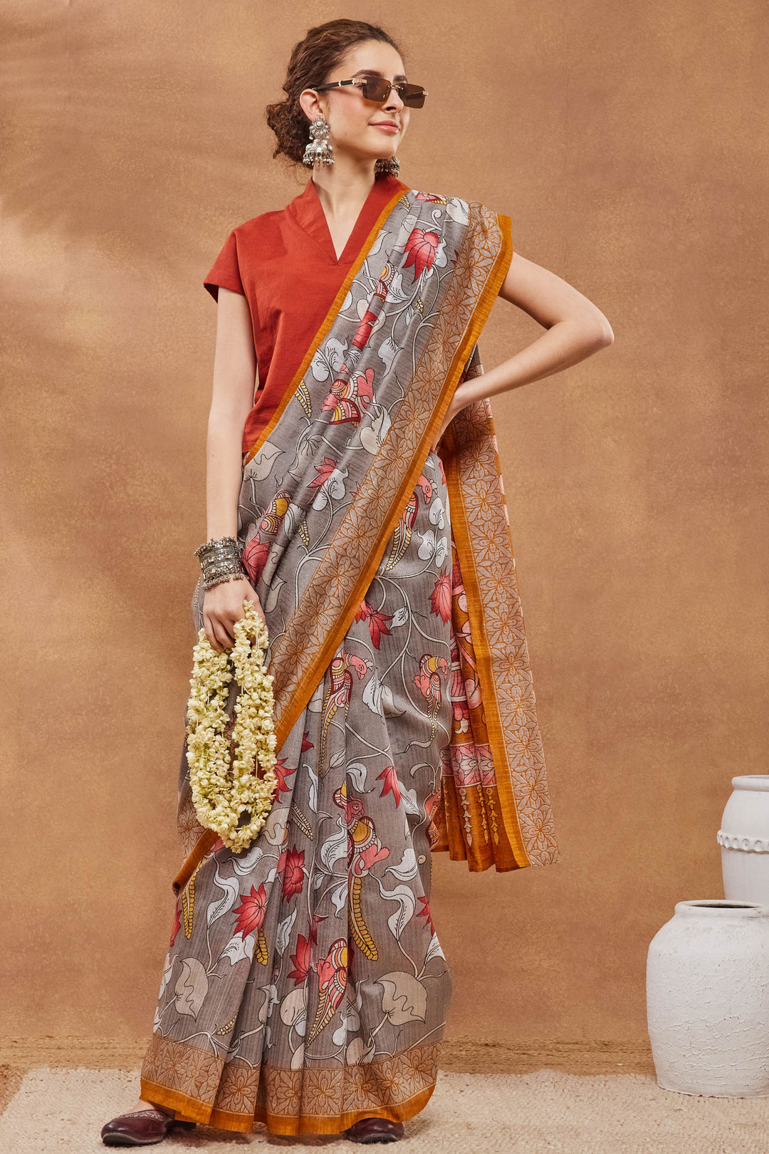 Grey Color Floral Printed Work On Art Silk Fabric Beatific Saree | Buy Online India