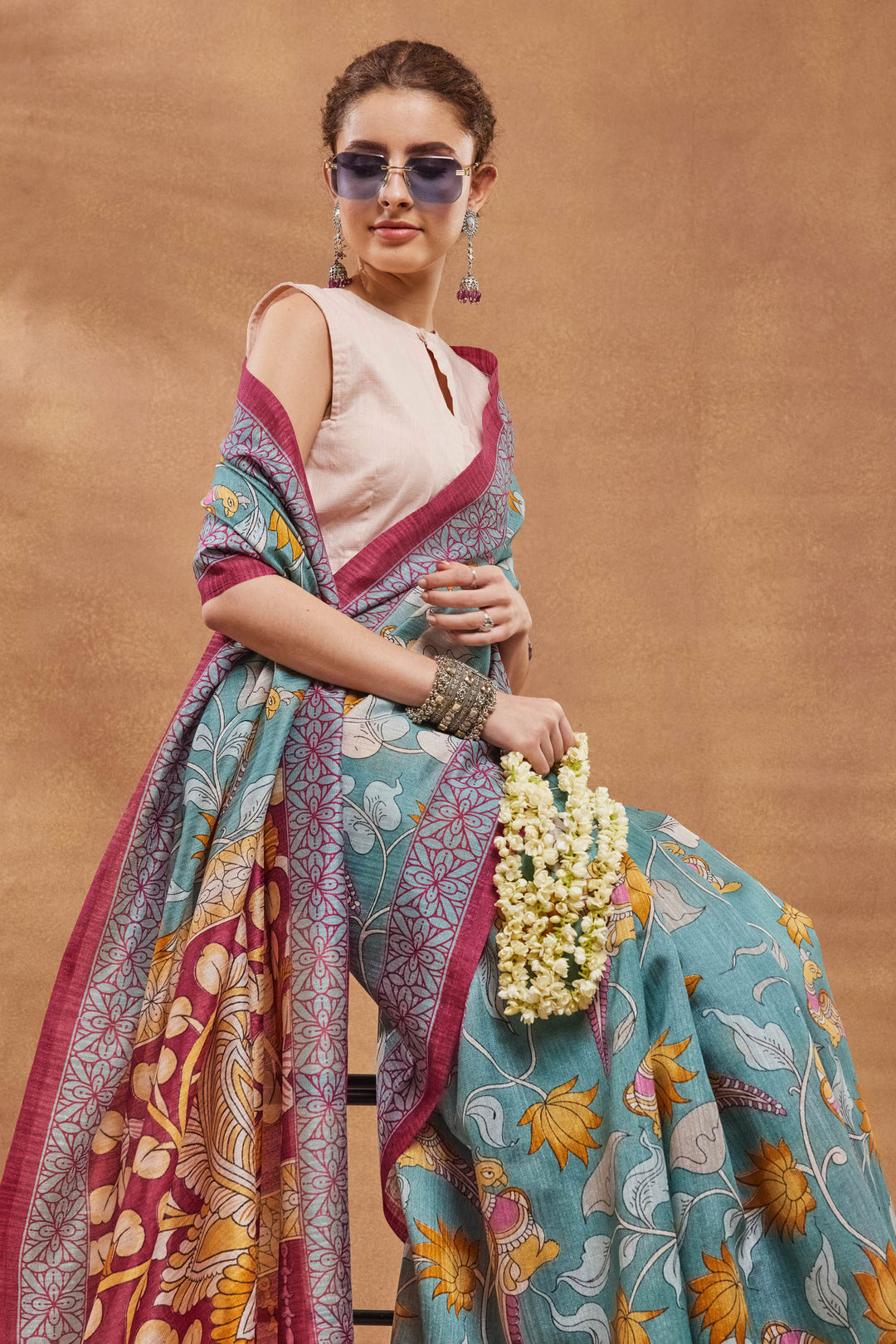 Beguiling Floral Printed Work On Sea Green Color Art Silk Fabric Saree | Buy Online India