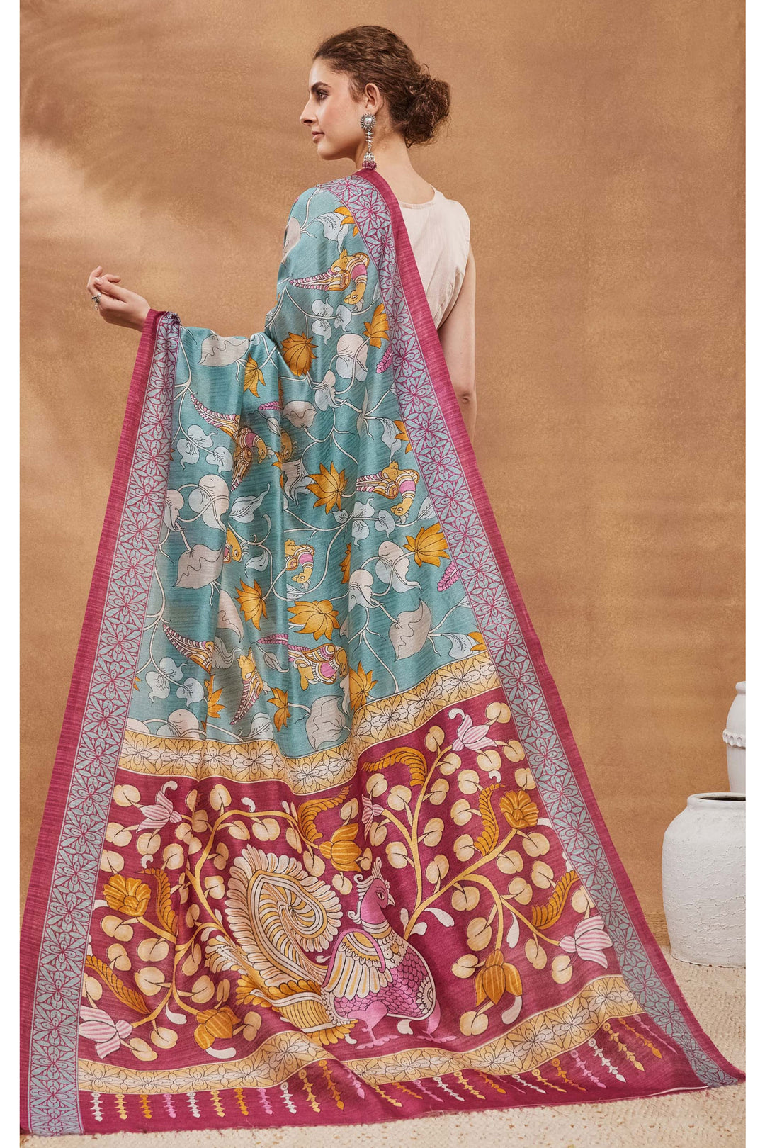 Beguiling Floral Printed Work On Sea Green Color Art Silk Fabric Saree | Buy Online India
