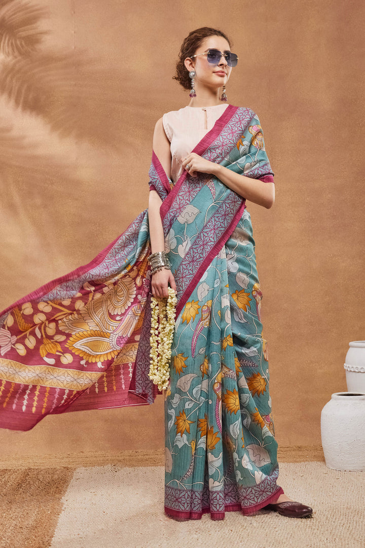 Beguiling Floral Printed Work On Sea Green Color Art Silk Fabric Saree | Buy Online India