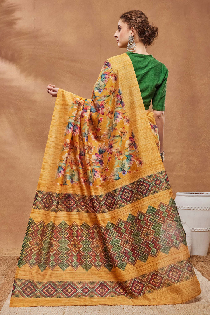 Incredible Floral Printed Work On Art Silk Fabric Mustard Color Saree | Buy Online India