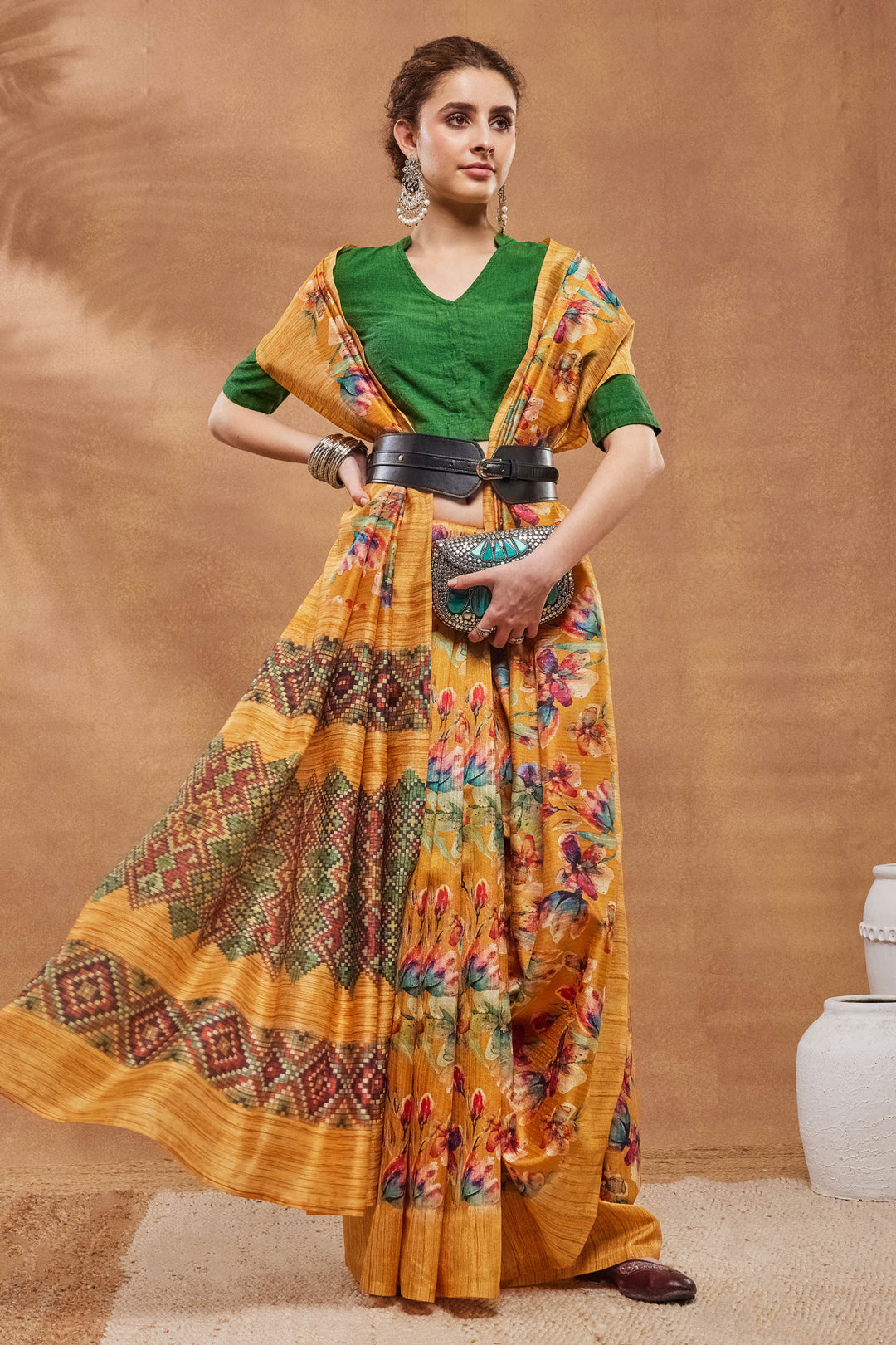 Incredible Floral Printed Work On Art Silk Fabric Mustard Color Saree | Buy Online India