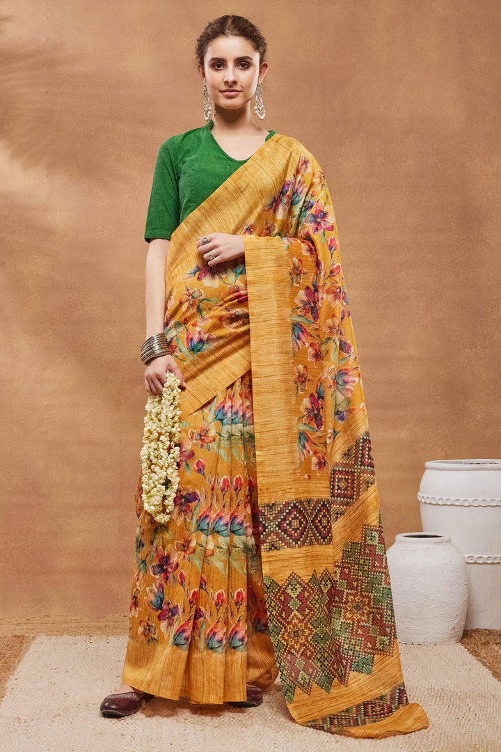 Incredible Floral Printed Work On Art Silk Fabric Mustard Color Saree | Buy Online India