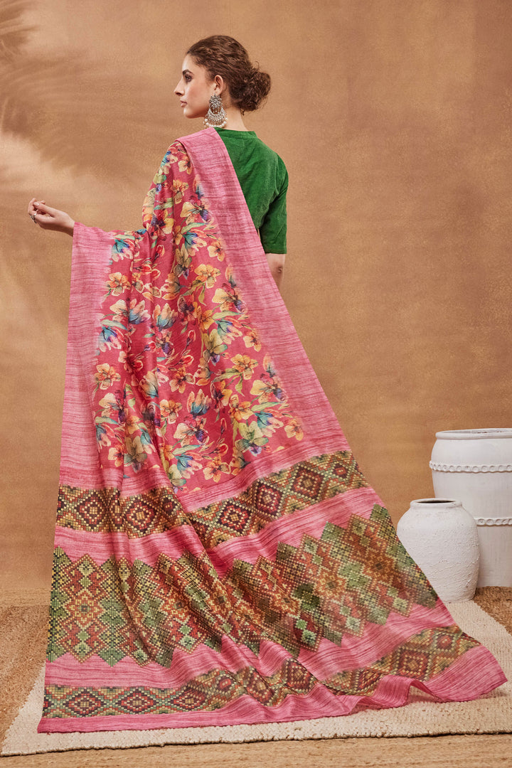 Tempting Art Silk Fabric Pink Color Saree With Floral Printed Work | Buy Online India