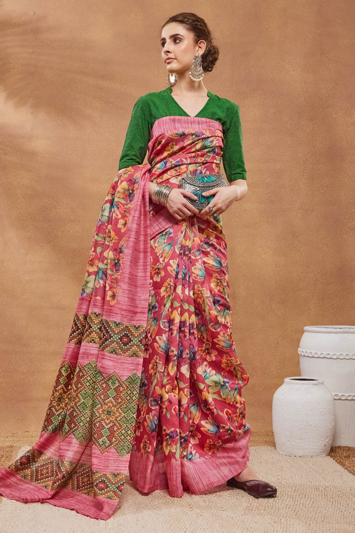 Tempting Art Silk Fabric Pink Color Saree With Floral Printed Work | Buy Online India