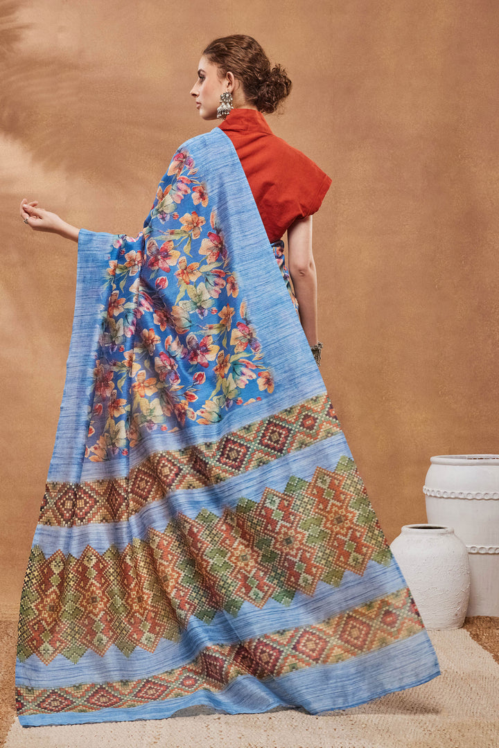 Engaging Blue Color Art Silk Fabric Saree With Floral Printed Work | Buy Online India