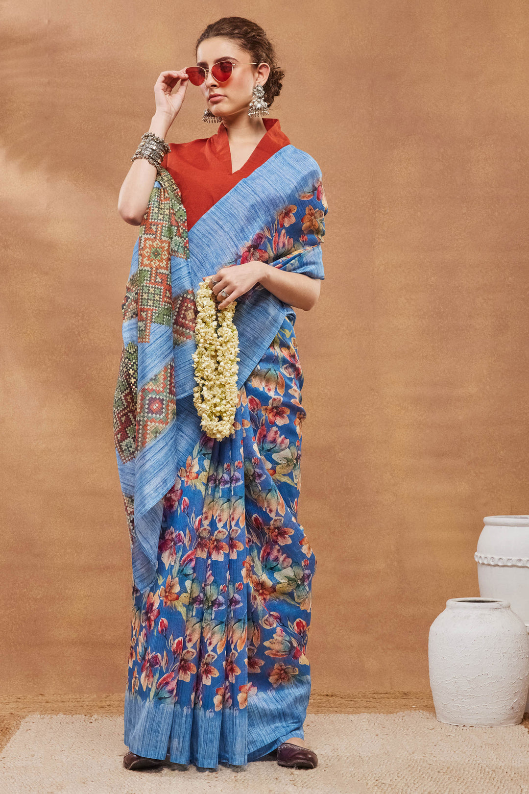 Engaging Blue Color Art Silk Fabric Saree With Floral Printed Work | Buy Online India