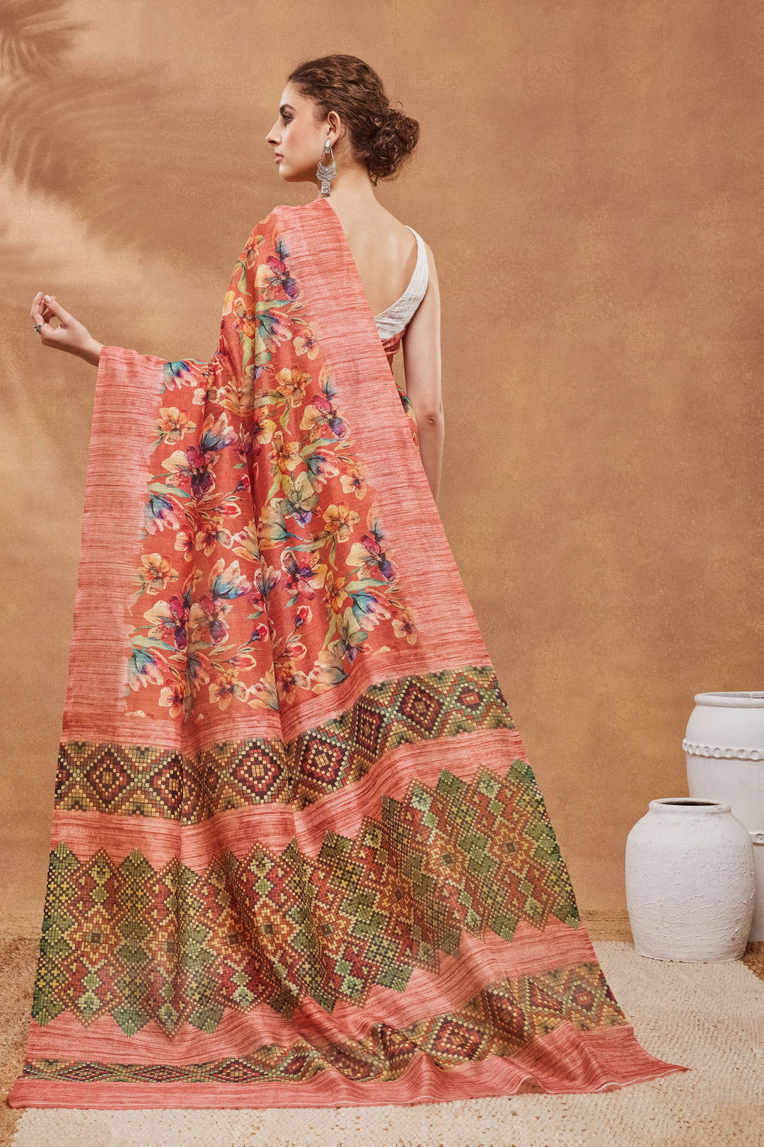 Classic Floral Printed Work On Rust Color Saree In Art Silk Fabric | Buy Online India