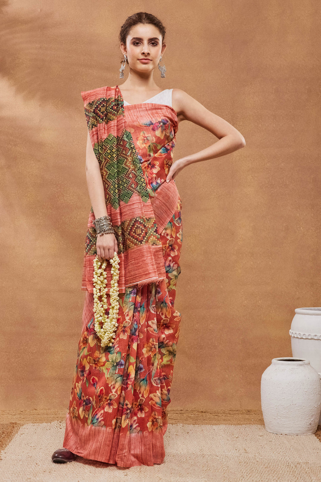 Classic Floral Printed Work On Rust Color Saree In Art Silk Fabric | Buy Online India