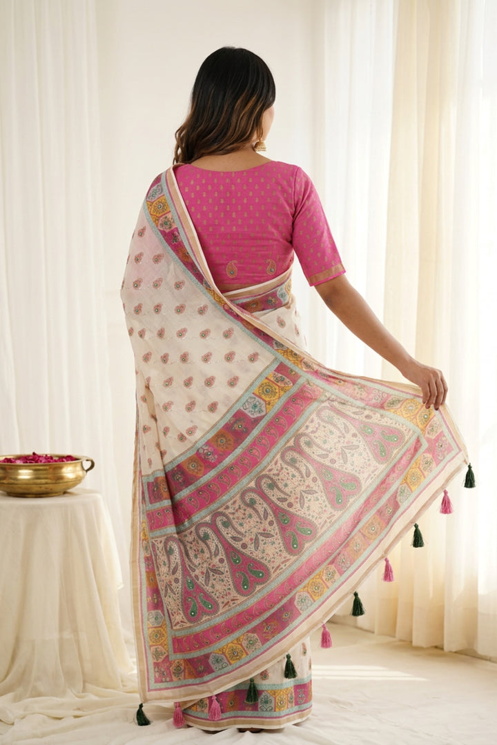 Alluring White Color Digital Printed Linen Silk Saree | Buy Online India