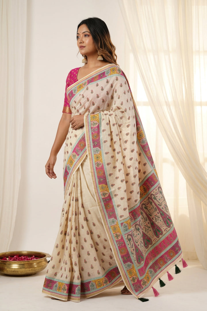 Alluring White Color Digital Printed Linen Silk Saree | Buy Online India