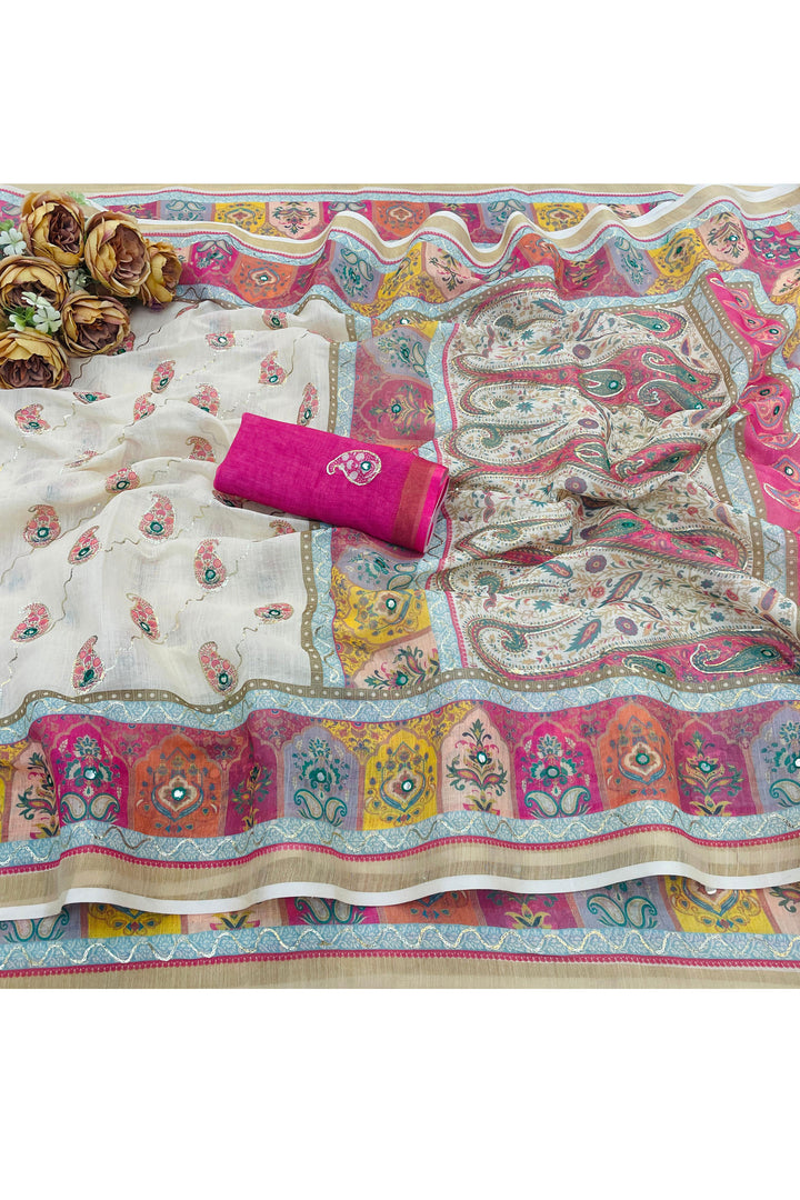 Alluring White Color Digital Printed Linen Silk Saree | Buy Online India