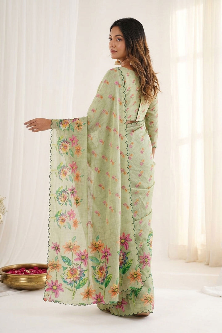 Grey Color Digital Printed Graceful Linen Silk Saree | Buy Online India