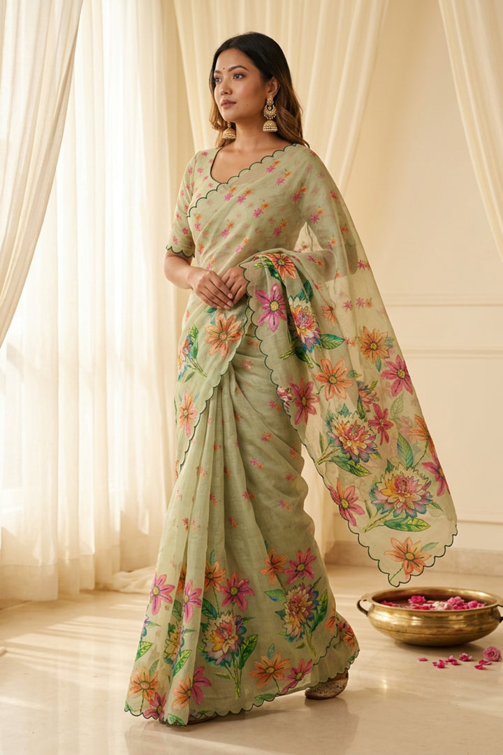 Grey Color Digital Printed Graceful Linen Silk Saree | Buy Online India
