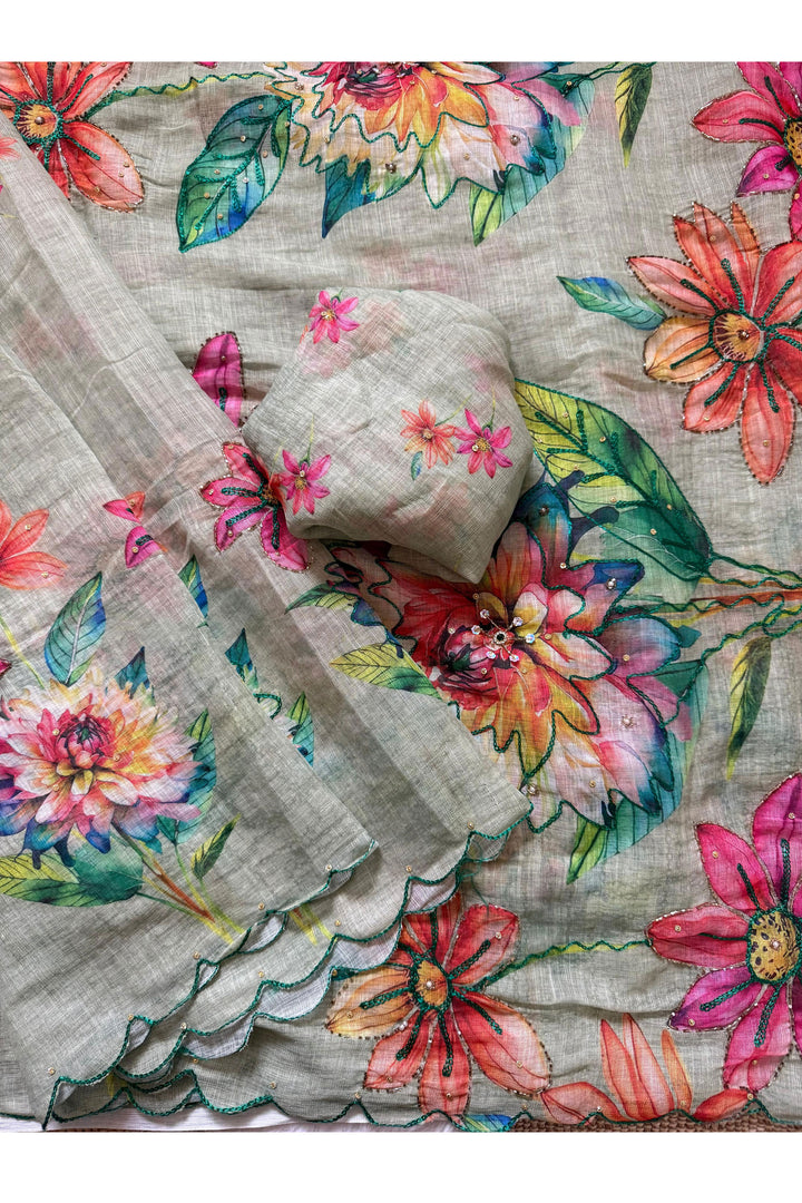 Grey Color Digital Printed Graceful Linen Silk Saree | Buy Online India
