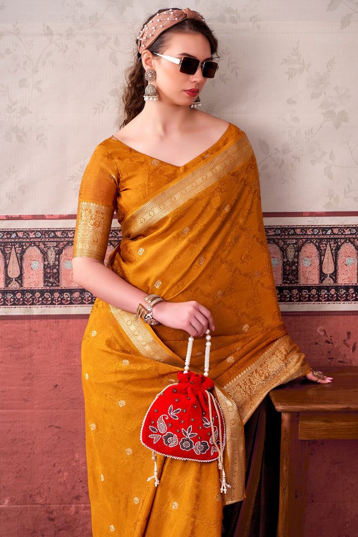 Mustard Color Glorious Chinon Fabric Saree With Weaving Work | Buy Online India