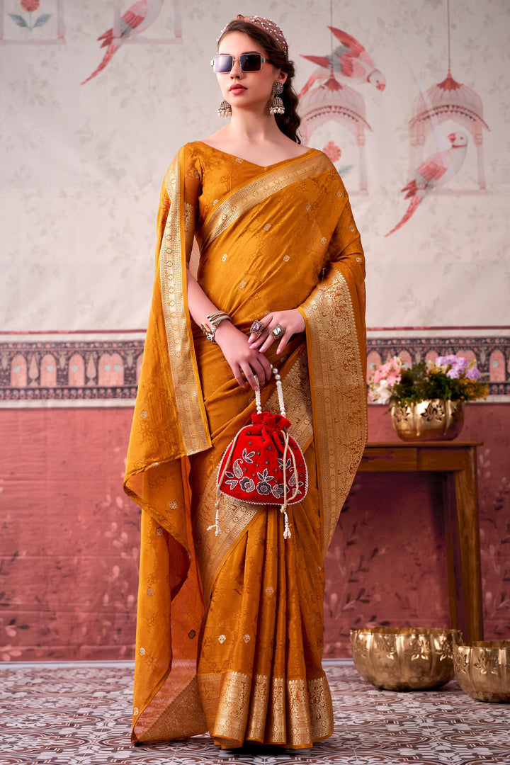 Mustard Color Glorious Chinon Fabric Saree With Weaving Work | Buy Online India
