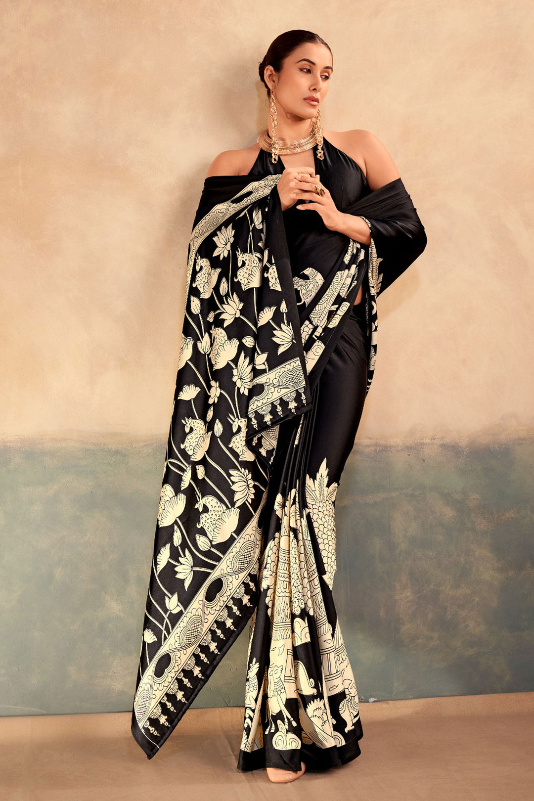 Black Color Kalamkari Printed Glamorous Satin Silk Saree | Buy Online India