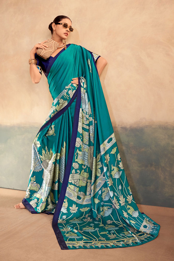 Kalamkari Printed Attractive Satin Silk Saree In Teal Color | Buy Online India