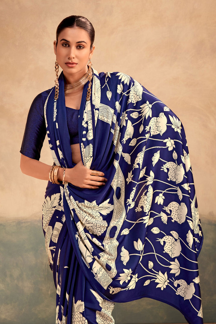 Alluring Blue Color Kalamkari Printed Satin Silk Saree | Buy Online India