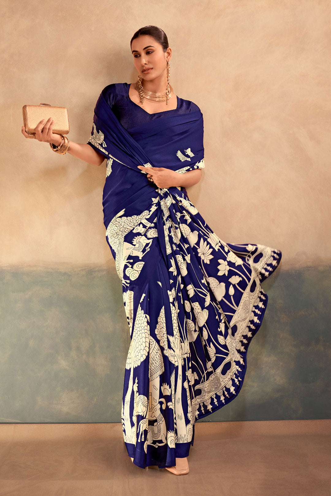 Alluring Blue Color Kalamkari Printed Satin Silk Saree | Buy Online India