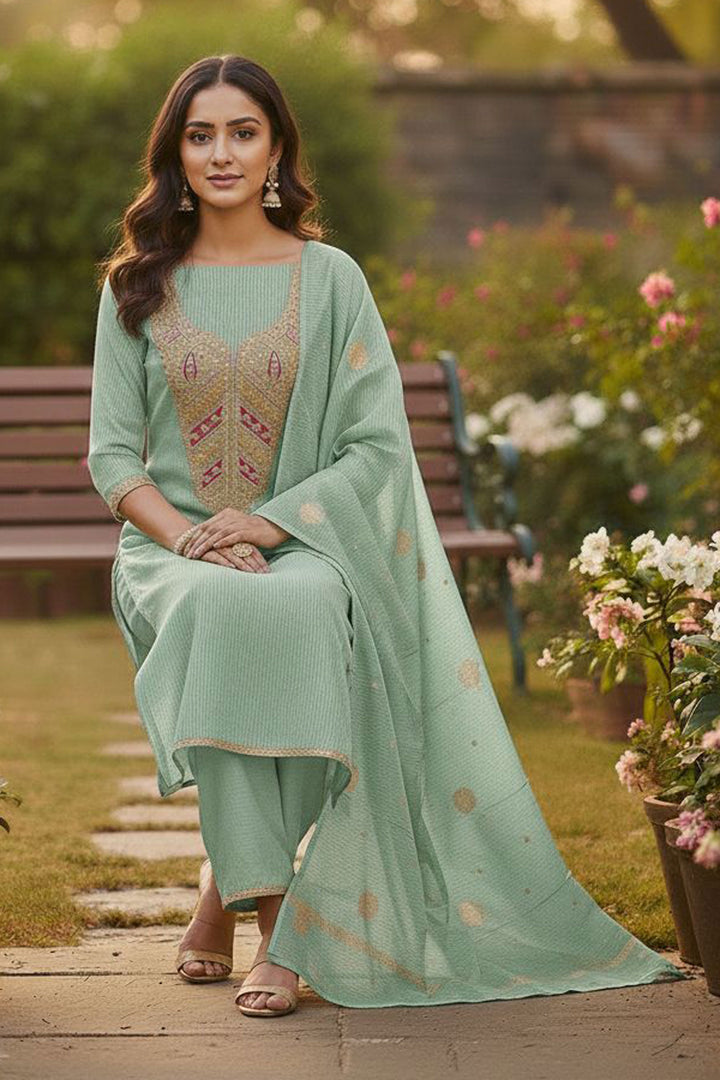 Jacquard Fabric Green Color Attractive Embroidered Salwar Suit | Buy Online India
