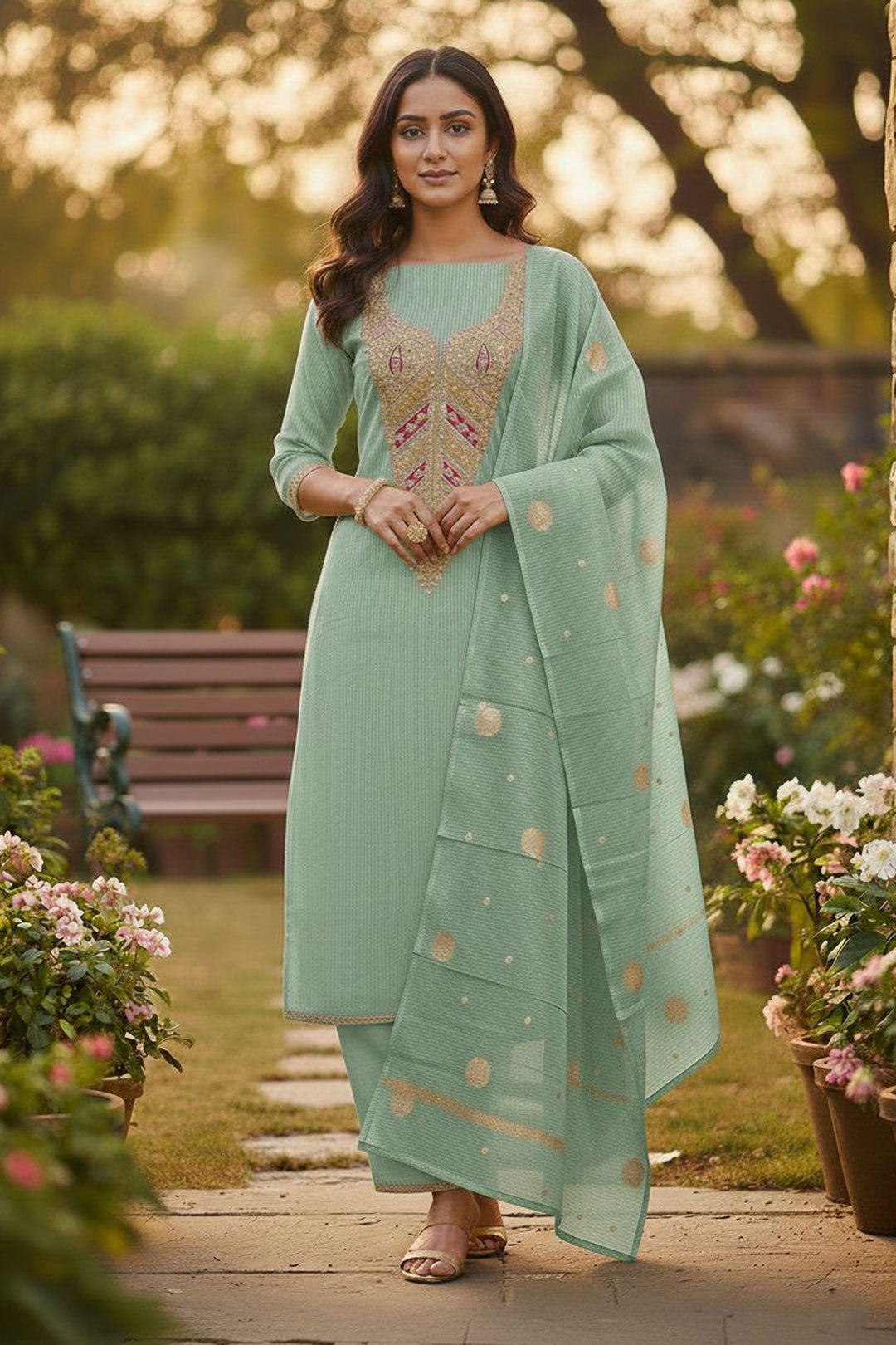Jacquard Fabric Green Color Attractive Embroidered Salwar Suit | Buy Online India