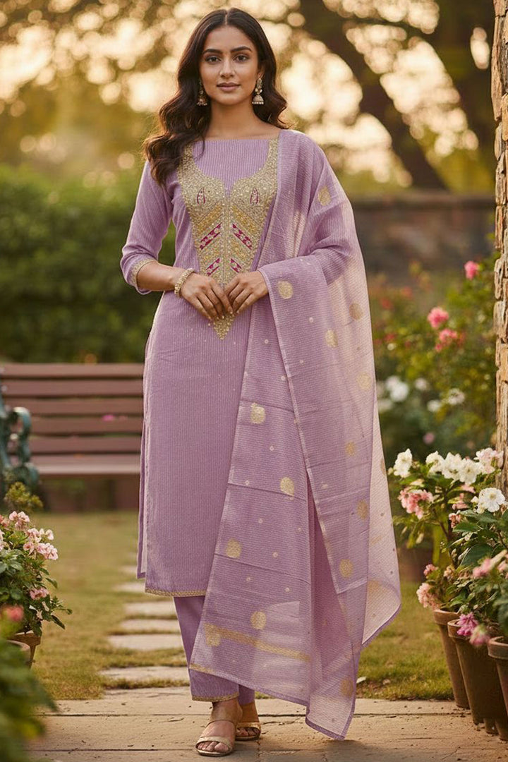 Lavender Color Jacquard Fabric Beautiful Embroidered Salwar Suit | Buy Online India