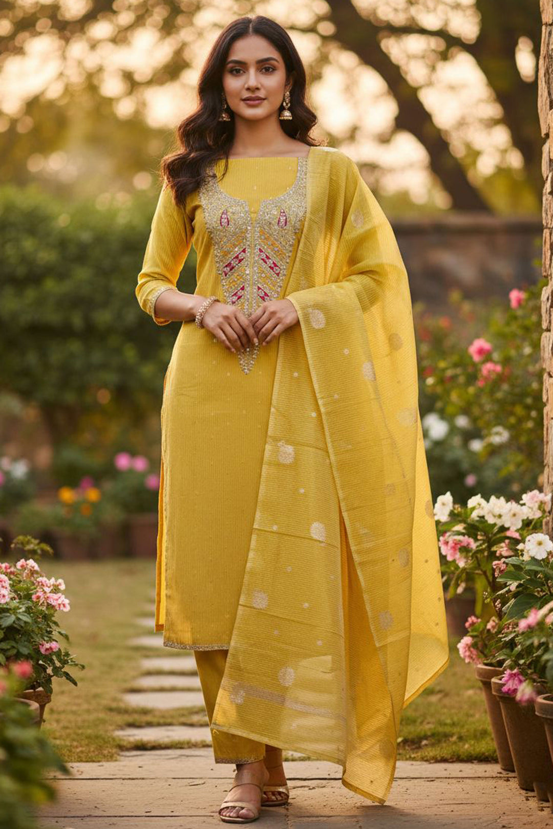 Yellow Color Jacquard Fabric Glorious Embroidered Salwar Suit | Buy Online India
