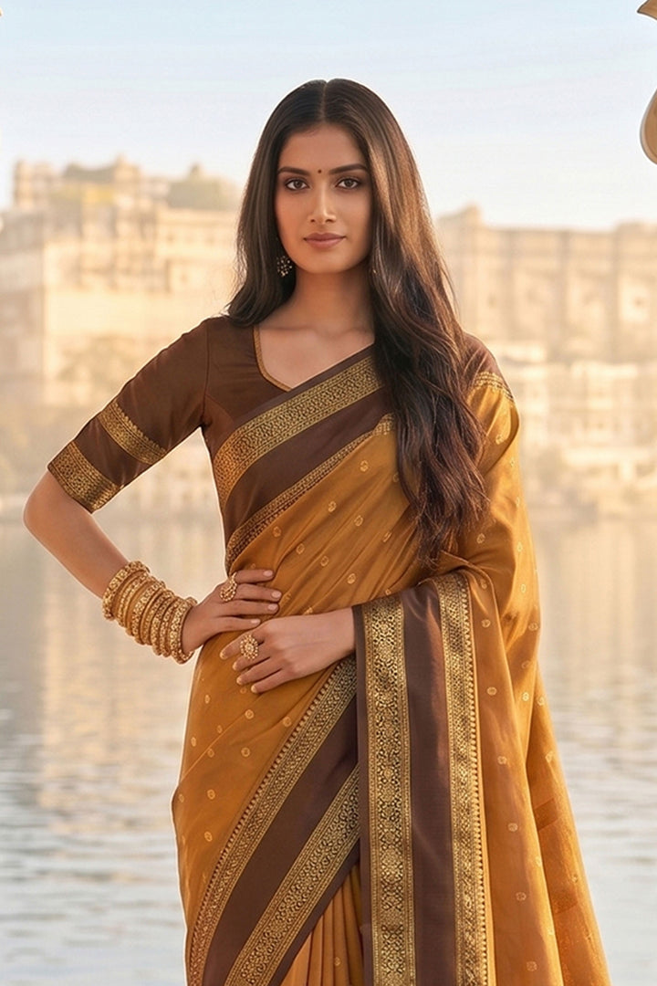 Mustard Color Art Silk Engaging Weaving Design Saree | Buy Online India