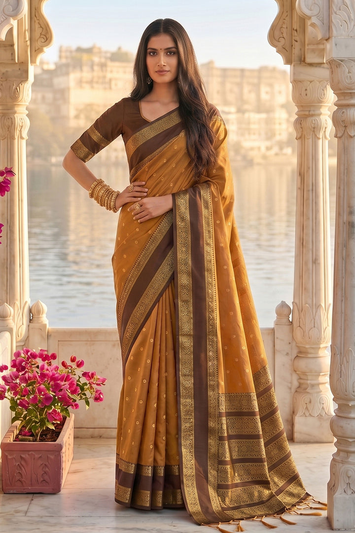 Mustard Color Art Silk Engaging Weaving Design Saree | Buy Online India