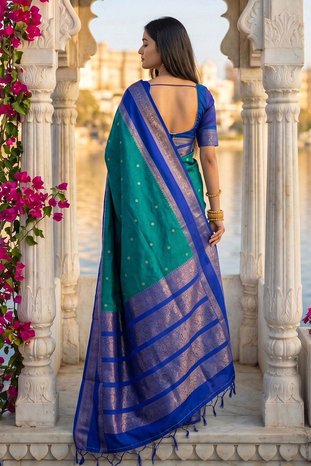 Tempting Art Silk Teal Color Weaving Design Saree | Buy Online India
