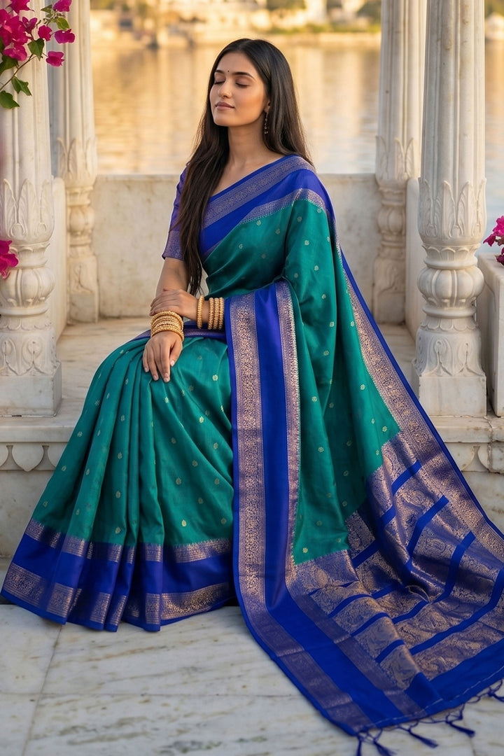 Tempting Art Silk Teal Color Weaving Design Saree | Buy Online India