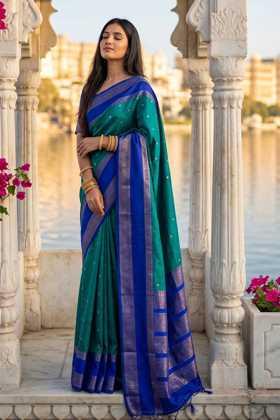 Tempting Art Silk Teal Color Weaving Design Saree | Buy Online India