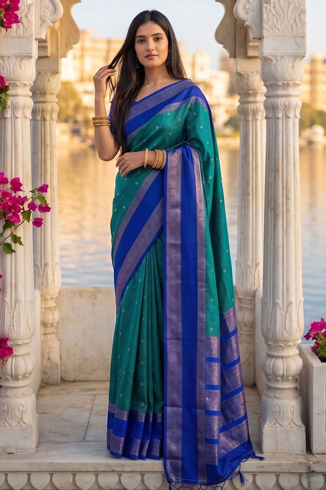 Tempting Art Silk Teal Color Weaving Design Saree | Buy Online India