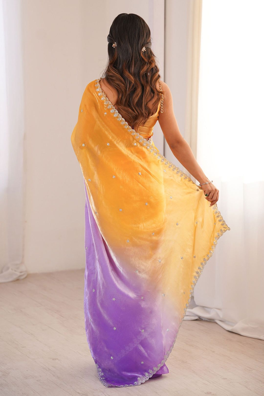 Tempting Satin Ornage Color Saree With Sequins Work | Buy Online India