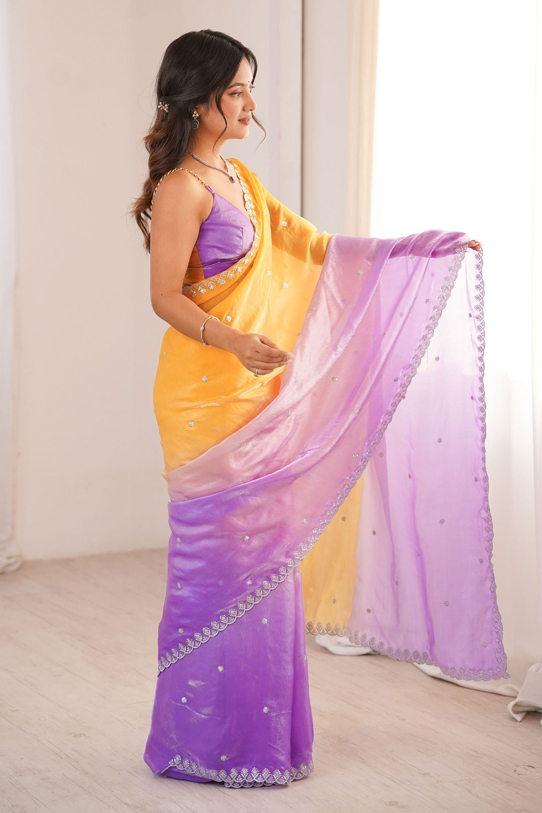 Tempting Satin Ornage Color Saree With Sequins Work | Buy Online India