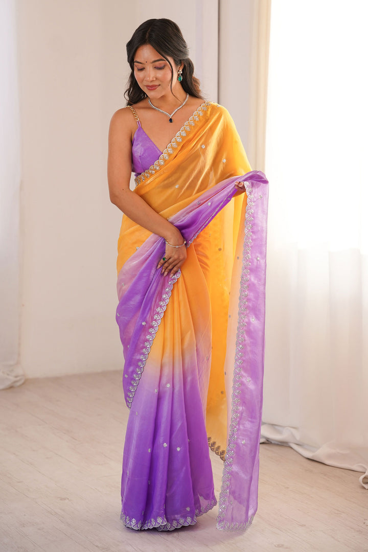 Tempting Satin Ornage Color Saree With Sequins Work | Buy Online India