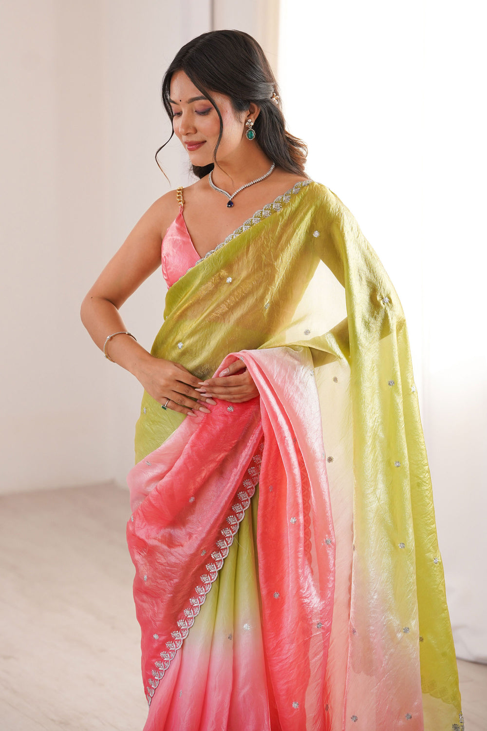 Satin Green Color Delicate Saree With Sequins Work | Buy Online India