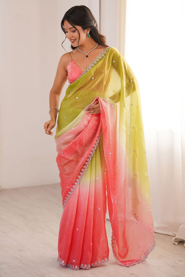 Satin Green Color Delicate Saree With Sequins Work | Buy Online India
