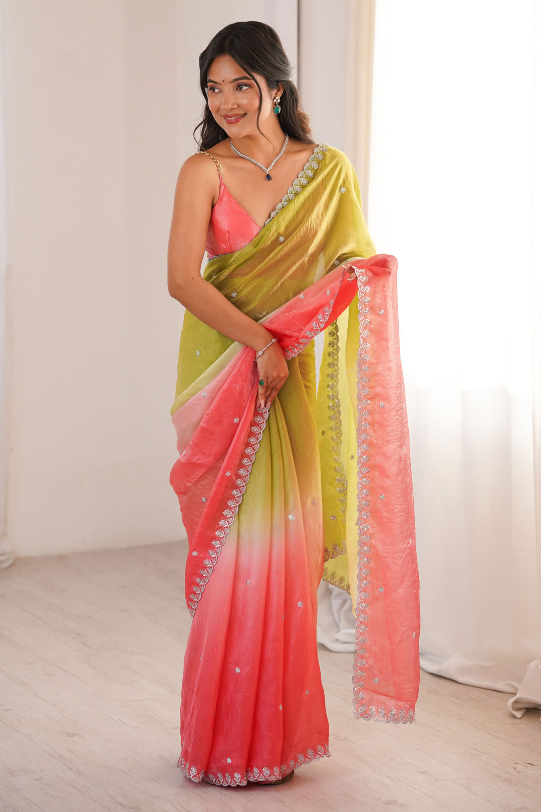Satin Green Color Delicate Saree With Sequins Work | Buy Online India
