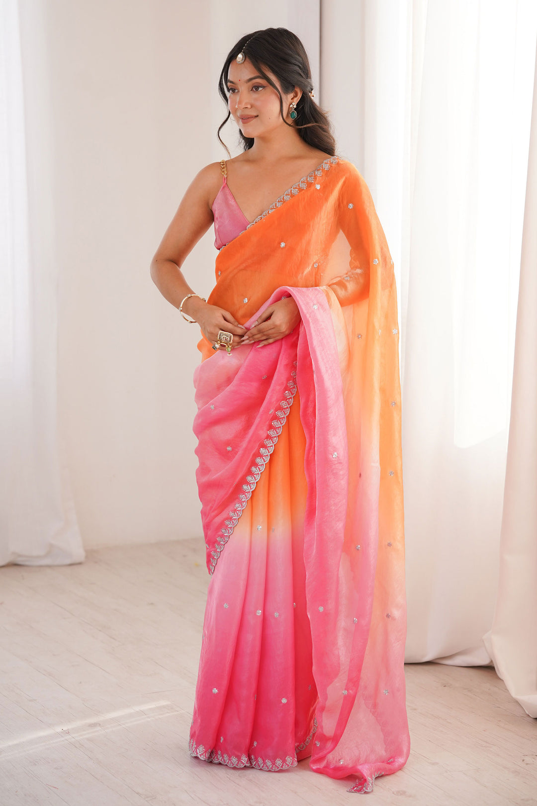 Engaging Orange Color Satin Saree With Sequins Work | Buy Online India