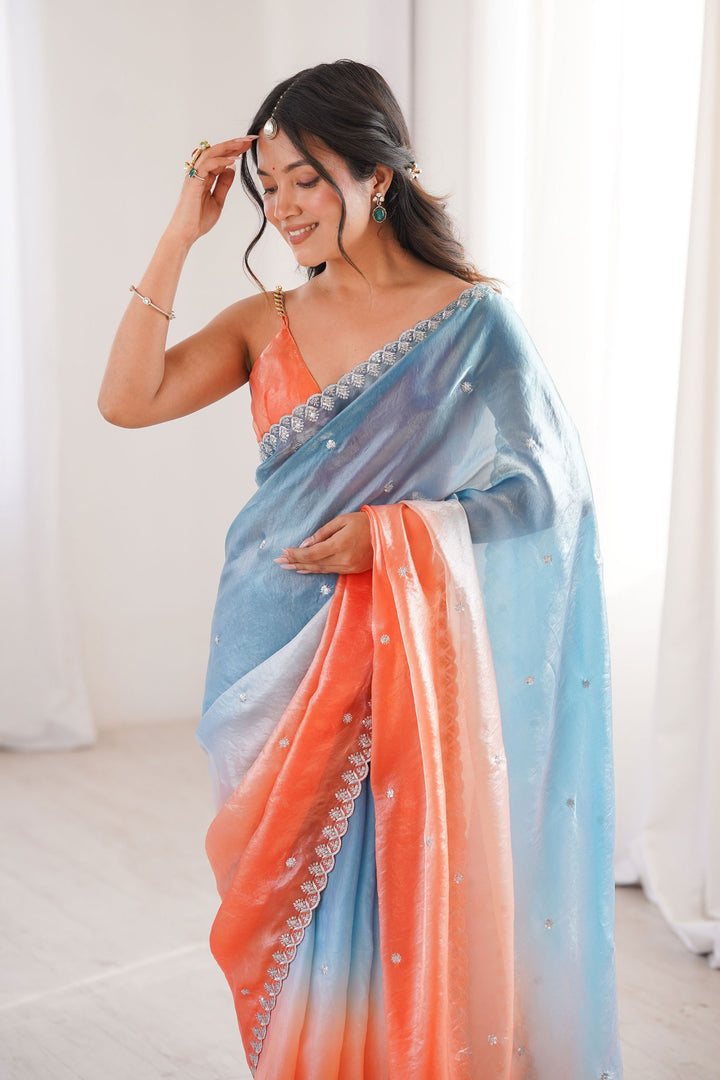 Amazing Sequins Work On Blue Color Satin Saree | Buy Online India