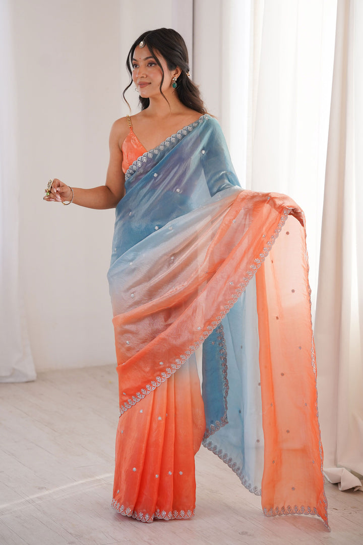 Amazing Sequins Work On Blue Color Satin Saree | Buy Online India