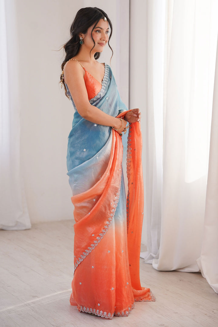Amazing Sequins Work On Blue Color Satin Saree | Buy Online India