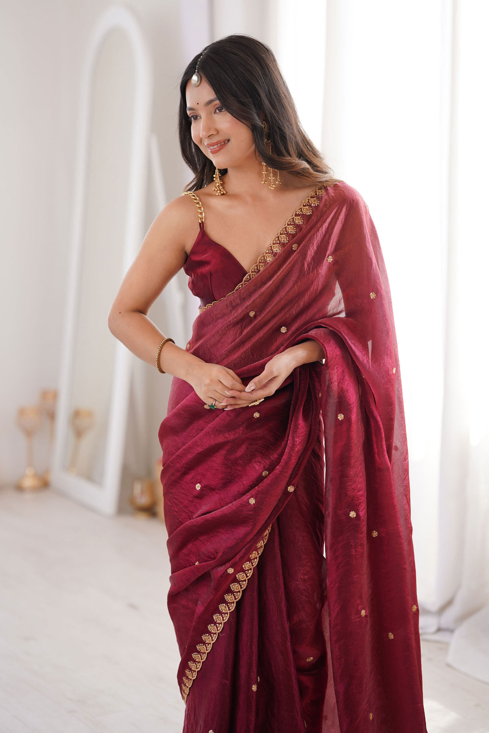 Trendy Maroon Color Satin Saree With Sequins Work | Buy Online India