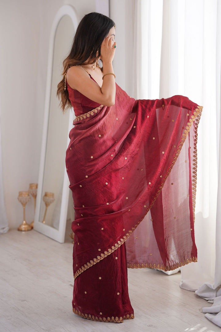 Trendy Maroon Color Satin Saree With Sequins Work | Buy Online India